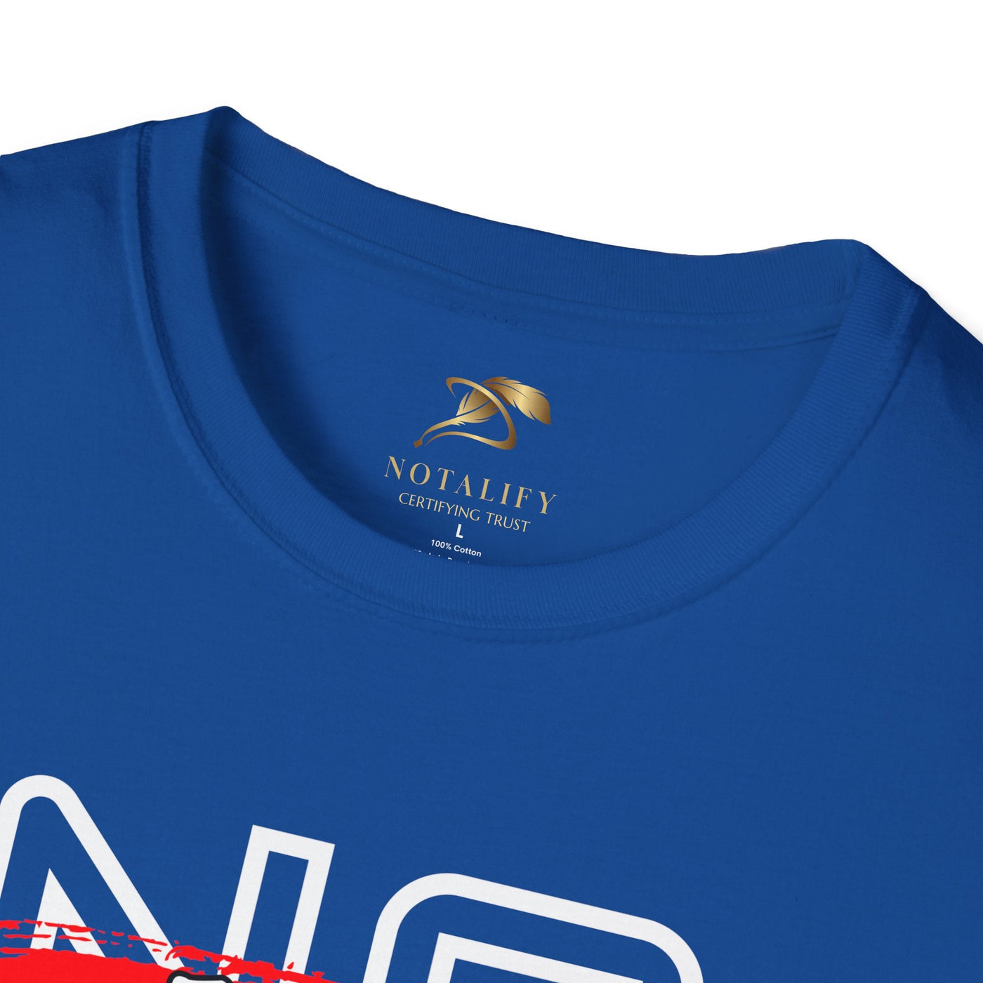 Close-up of a blue No Fear No Limits motivational youth t-shirt with crew neckline made of 100% cotton.