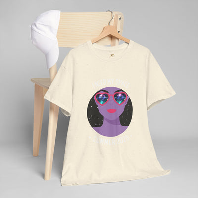 Astronaut Space Vibes Tee with galaxy graphic and cosmic design on a hanger.