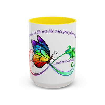Inspirational butterfly coffee mug with vibrant infinity design and yellow interior.