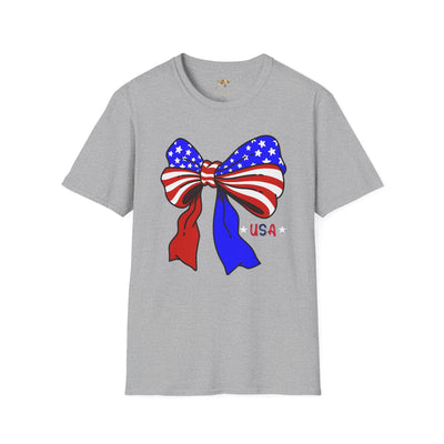 Unisex Coquette USA Patriotic T-Shirt with American flag bow design, perfect for July 4th celebrations.