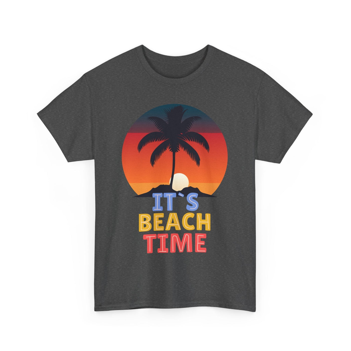 Unisex beach time summer 2025 T-shirt with sunset and palm tree graphic.