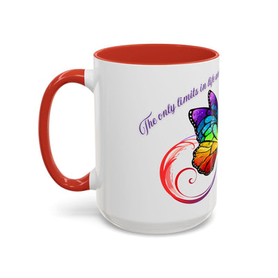 Inspirational butterfly coffee mug with colorful design, red interior, and handle, perfect for motivation and wellness.