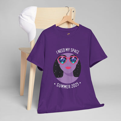 Purple Astronaut Space Vibes Tee with galaxy graphic and text "I Need My Space Summer 2023," hanging on a chair.
