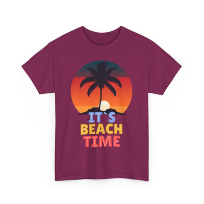 Beach Time Summer 2025 t-shirt with palm tree and sunset graphic.