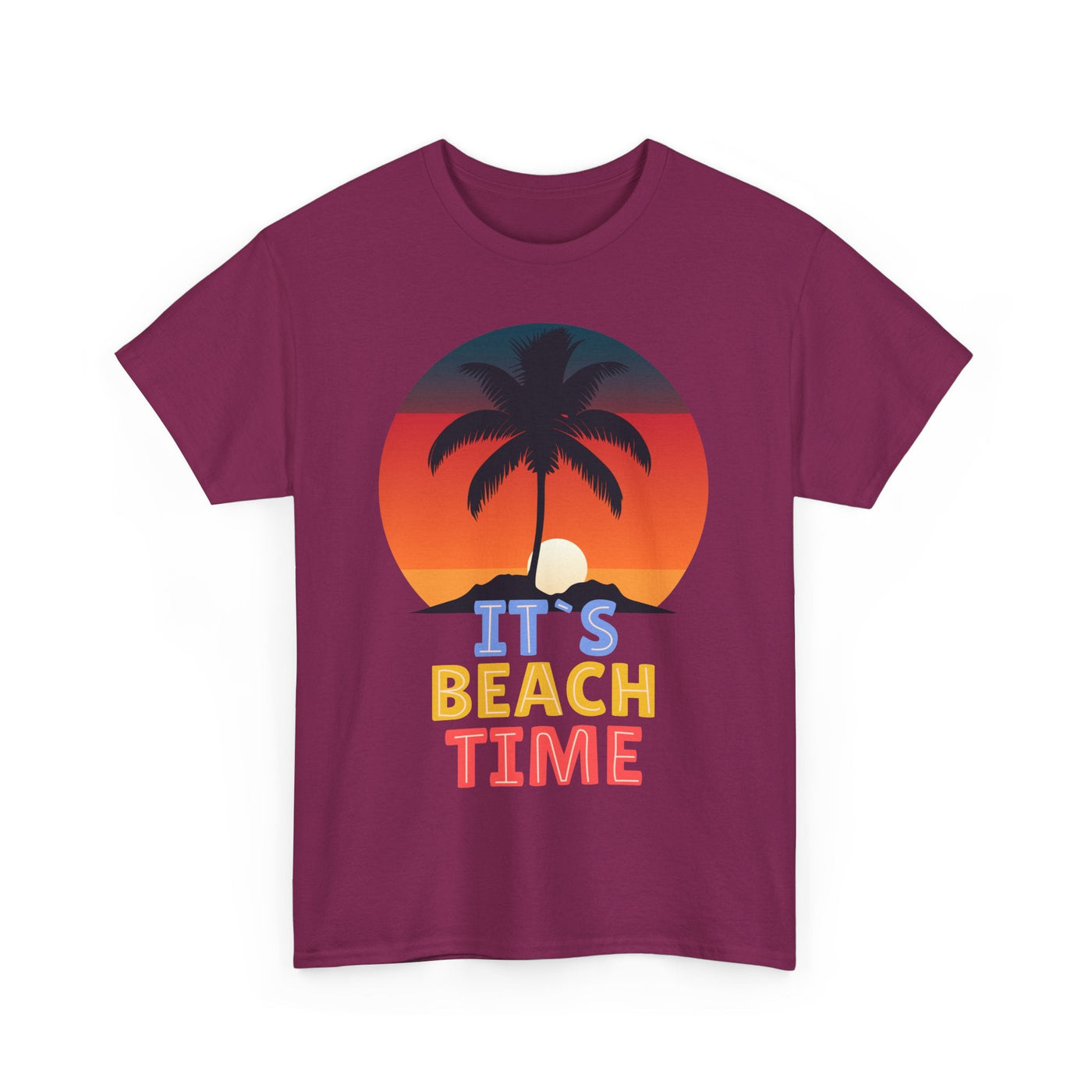 Unisex "It's Beach Time" summer 2025 t-shirt with tropical graphic and palm tree design.