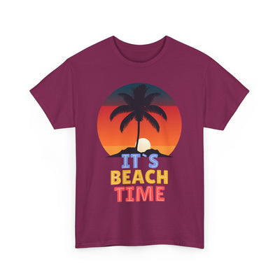 Unisex "It's Beach Time" summer 2025 t-shirt with tropical graphic and palm tree design.