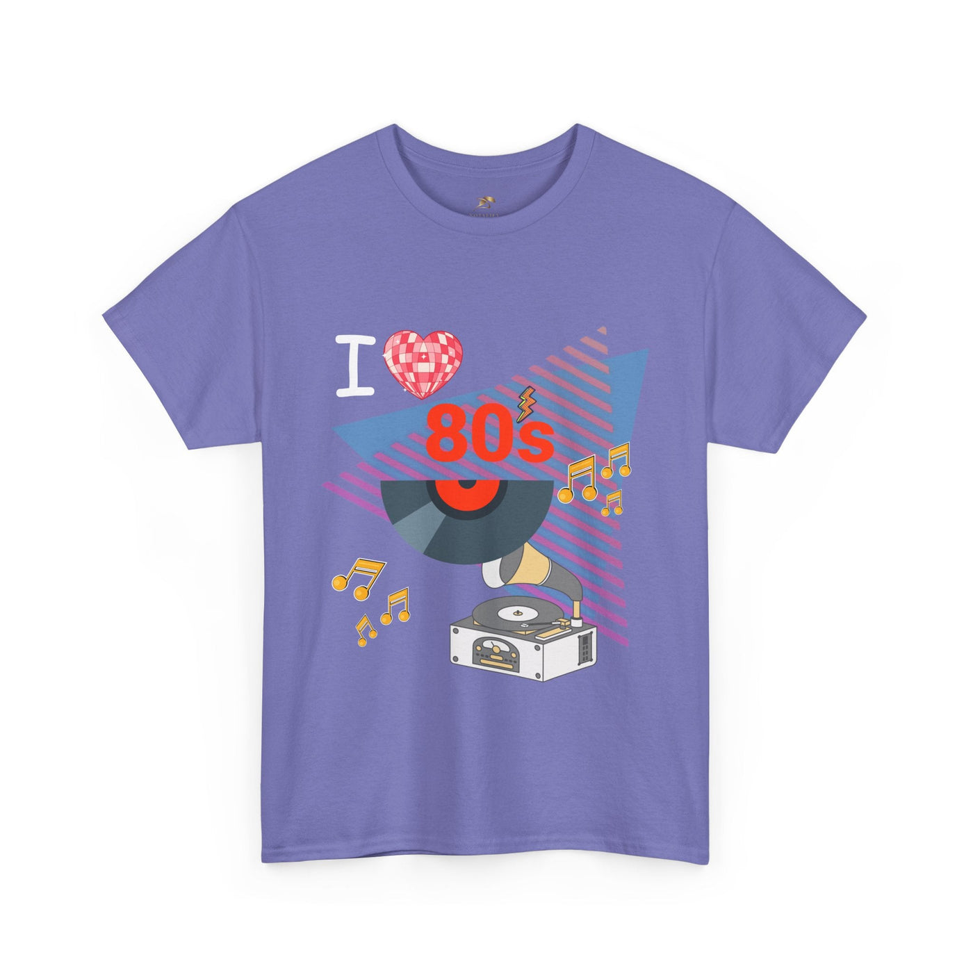 Purple 80's Music Lover T-shirt with retro record player and music notes graphic, unisex cotton tee.