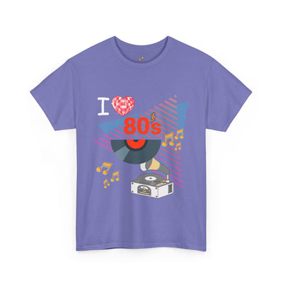 Purple 80's Music Lover T-shirt with retro record player and music notes graphic, unisex cotton tee.