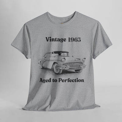 Vintage Aged to Perfection classic car t-shirt in retro style with humorous slogan for car lovers and birthday gift.