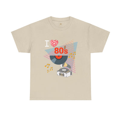 Unisex 80's Music Lover T-Shirt with retro vinyl record and turntable graphic on classic cotton tee