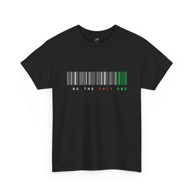 Unique "Be The Only One" barcode t-shirt in blue with a minimalist design