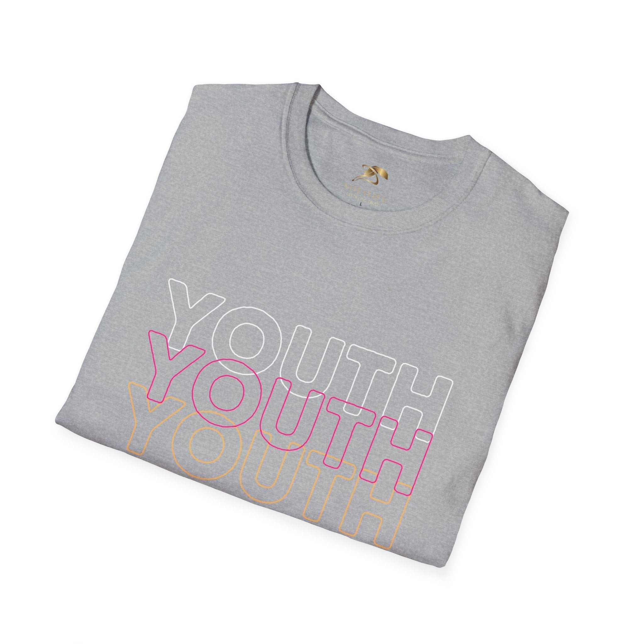 Youth Day Unisex Softstyle T-Shirt in gray with colorful Youth text, classic fit crew neck cotton tee for International Youth Day celebration