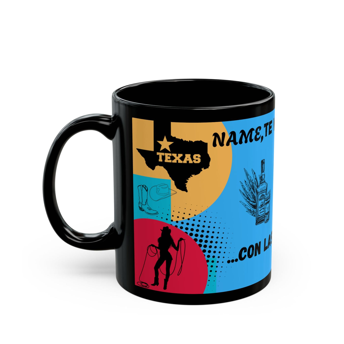Texas vs Miami themed personalized black mug, vibrant design, perfect gift for coffee lovers.