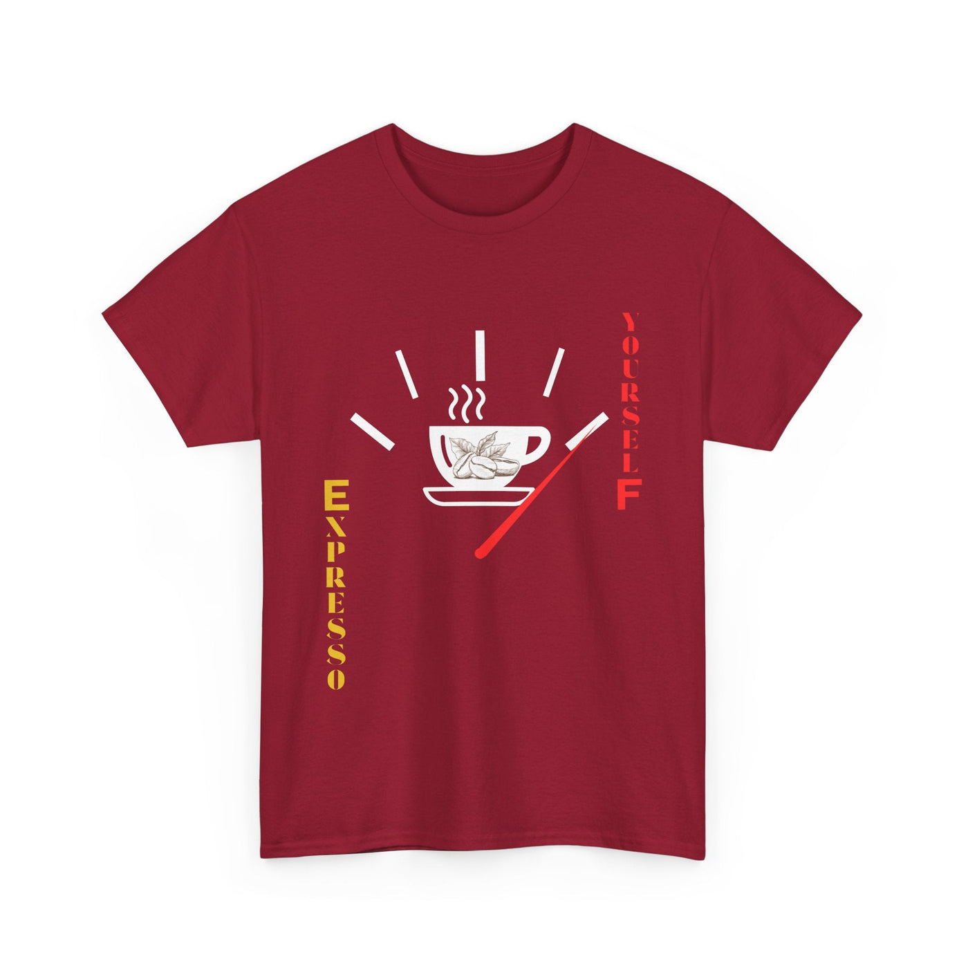 Expresso Yourself coffee T-shirt with espresso cup and fuel gauge design.