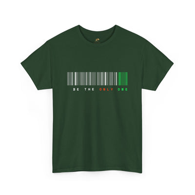 Unique "Be The Only One" barcode t-shirt in blue with a minimalist design