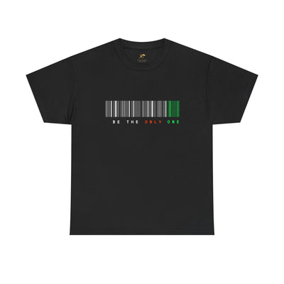 Unique "Be The Only One" barcode t-shirt in blue with a minimalist design