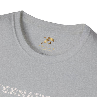Close-up of gray unisex softstyle t-shirt with crew neckline celebrating International Youth Day