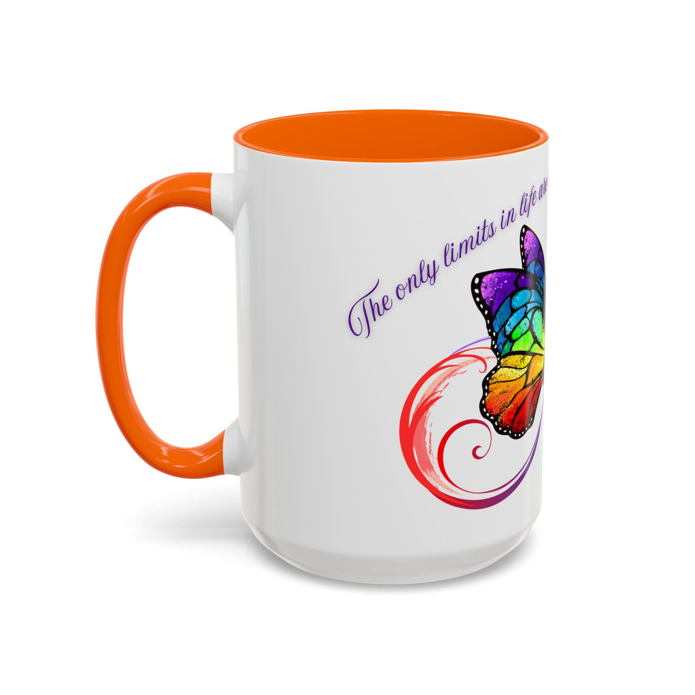 Inspirational butterfly coffee mug with colorful design, orange handle, and rim, featuring motivational message.