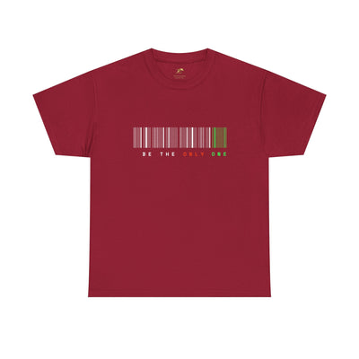 Unique "Be The Only One" barcode t-shirt in blue with a minimalist design