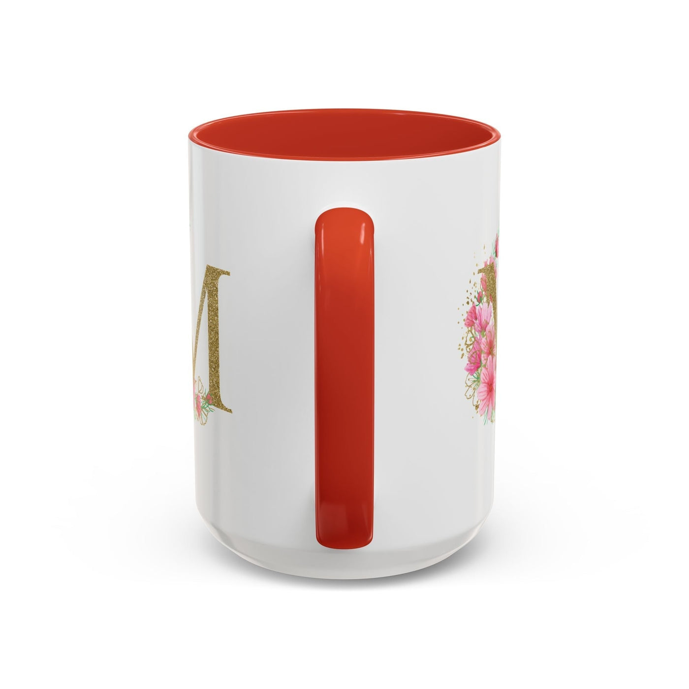 Custom Mother's Day mug with floral design, red handle, and interior.