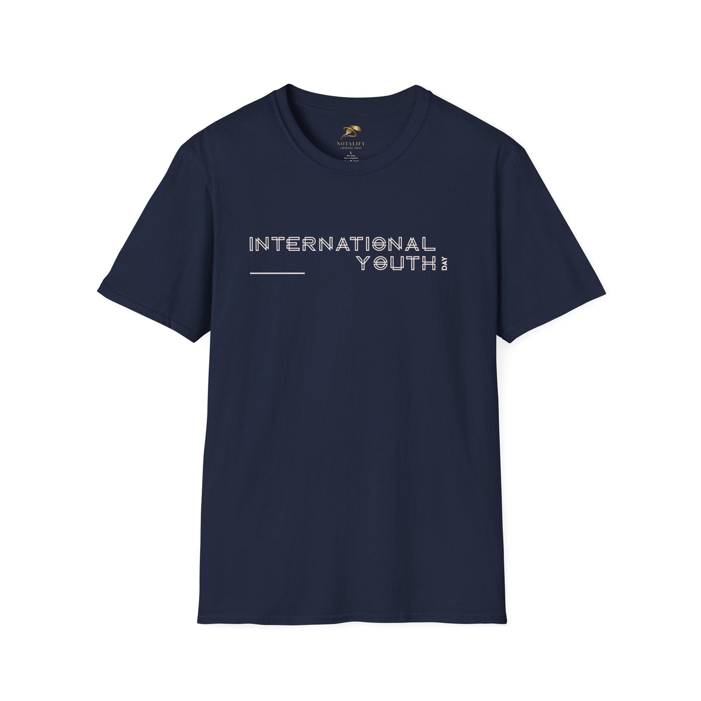 Navy blue unisex t-shirt with International Youth Day text, 100% ring-spun cotton, classic fit, softstyle fabric for youth celebration.
