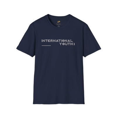 Navy blue unisex t-shirt with International Youth Day text, 100% ring-spun cotton, classic fit, softstyle fabric for youth celebration.