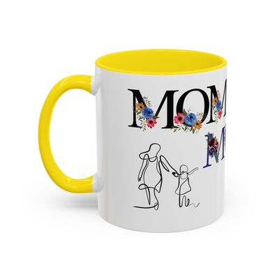 Mother's Day mug with colorful floral design, featuring personalized accents and yellow interior.