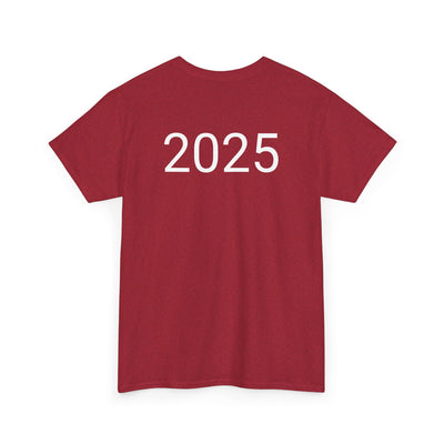 Red Astronaut Space Vibes Tee with "2025" text, perfect for space enthusiasts.
