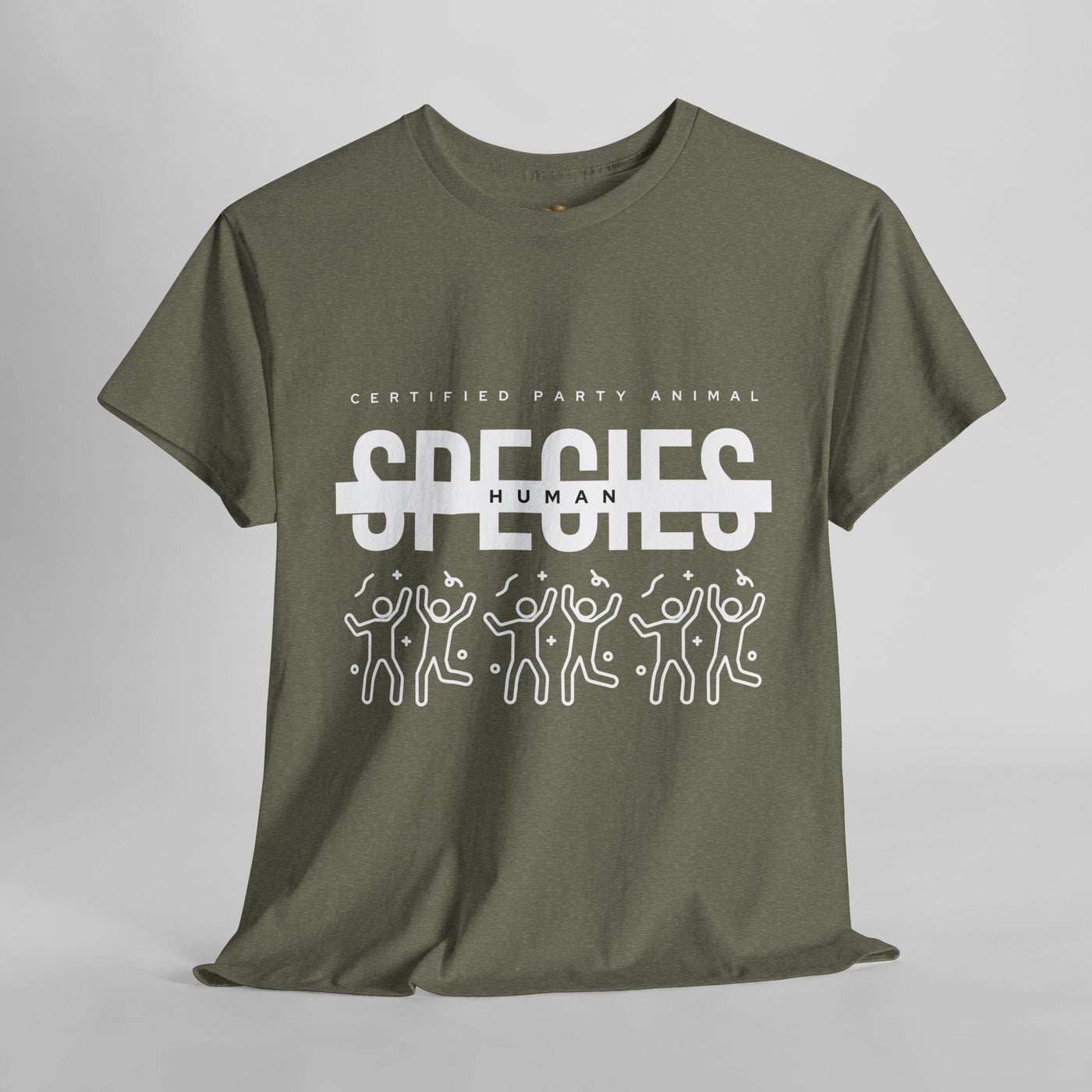 Certified Party Animal T-Shirt with "Species: Human" design featuring dancing figures and confetti on an olive green background.