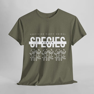 Certified Party Animal T-Shirt with "Species: Human" design featuring dancing figures and confetti on an olive green background.