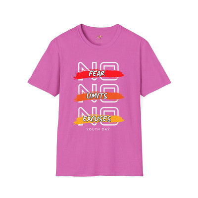 Pink unisex t-shirt with "No Fear No Limits No Excuses Youth Day" motivational graphic design
