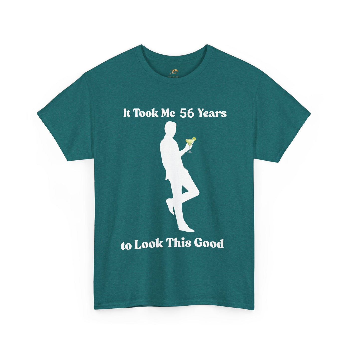 Funny birthday t-shirt with humorous slogan "It Took Me Years to Look This Good" featuring silhouette holding a margarita.