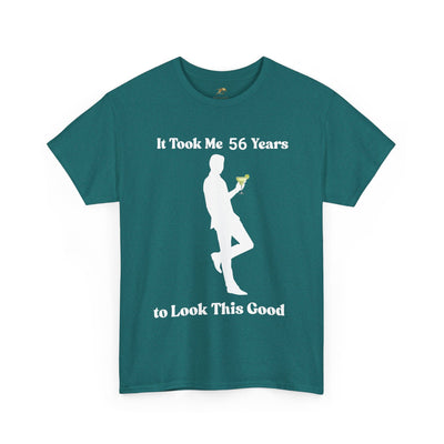 Funny birthday t-shirt with humorous slogan "It Took Me Years to Look This Good" featuring silhouette holding a margarita.