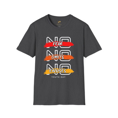 Dark gray unisex Youth Day t-shirt with "No Fear No Limits No Excuses" motivational graphic in red, orange, and yellow brush strokes.