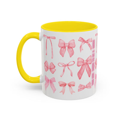 Personalized Mother's Day mug with coquette bow design, yellow handle, and interior.