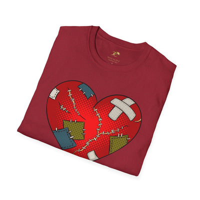 Valentine's Day Heart Fixed Enamorados unisex t-shirt, broken heart design, red cotton top.
