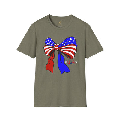 Unisex patriotic t-shirt with American flag bow design, ideal for Independence Day celebrations, casual wear, and BBQs.