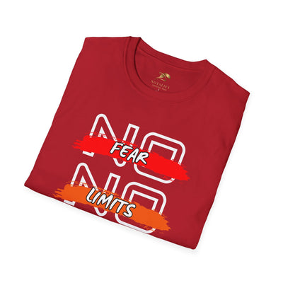 Red unisex youth t-shirt with "No Fear No Limits" motivational graphic and crew neckline