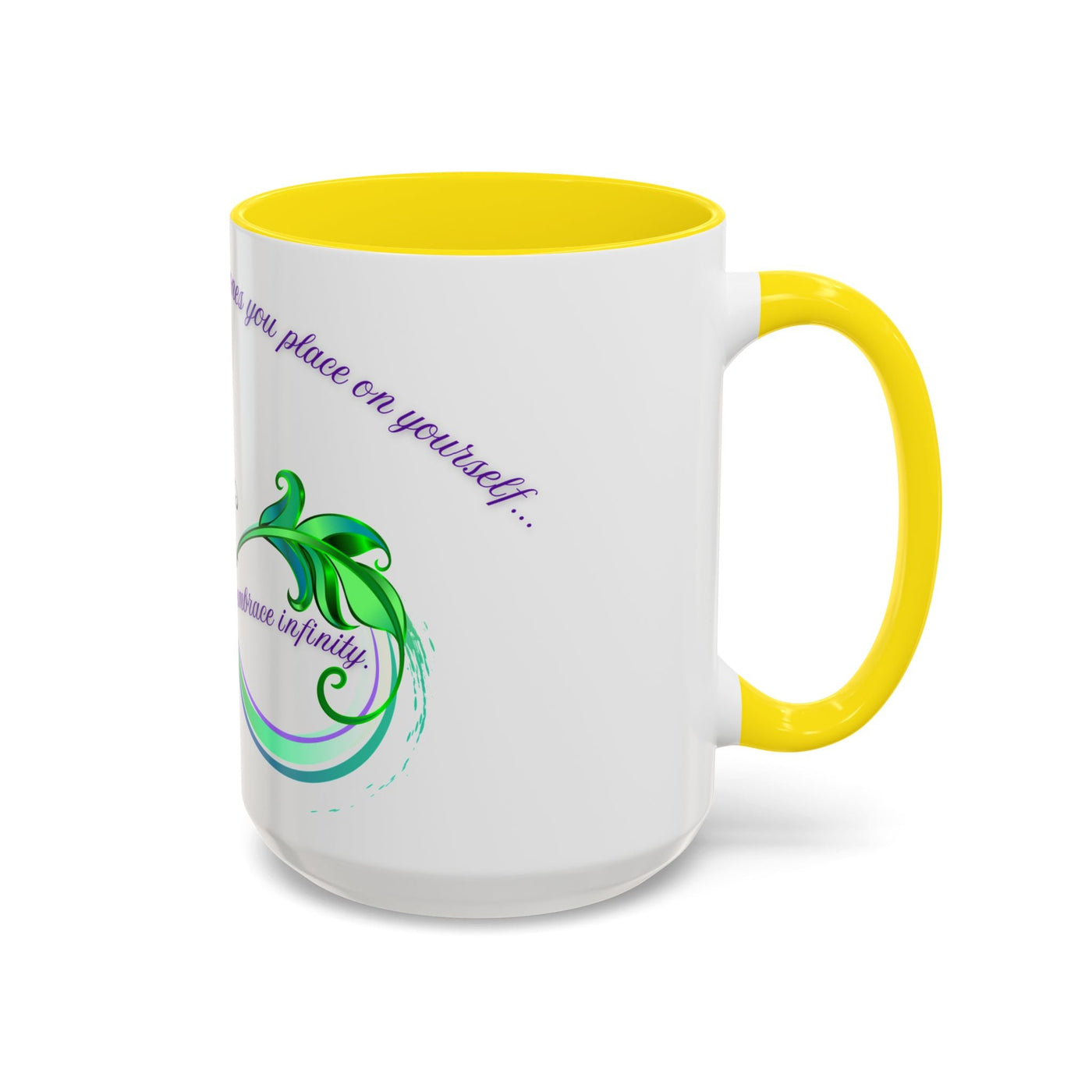 Inspirational butterfly coffee mug with embrace infinity design and yellow accents.