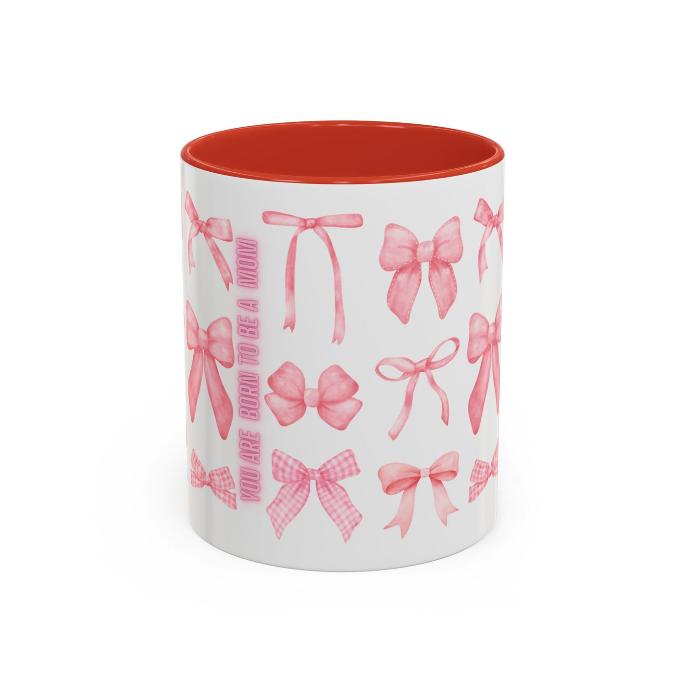 Personalized coquette bow accent coffee mug with vibrant design, perfect for Mother's Day gift. 11oz or 15oz sizes, microwave and dishwasher safe.