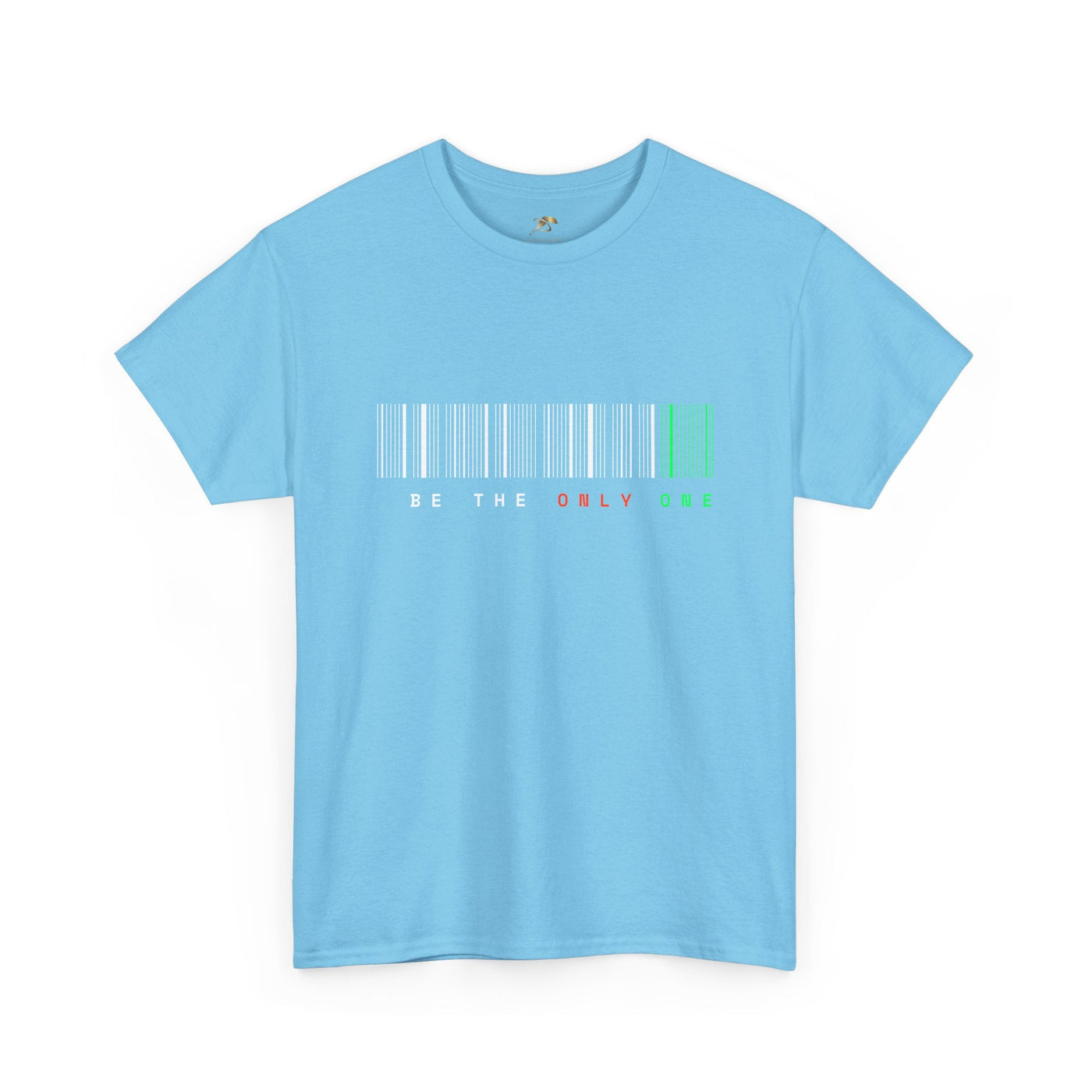 Unique "Be The Only One" barcode t-shirt in blue with a minimalist design