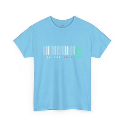 Unique "Be The Only One" barcode t-shirt in blue with a minimalist design