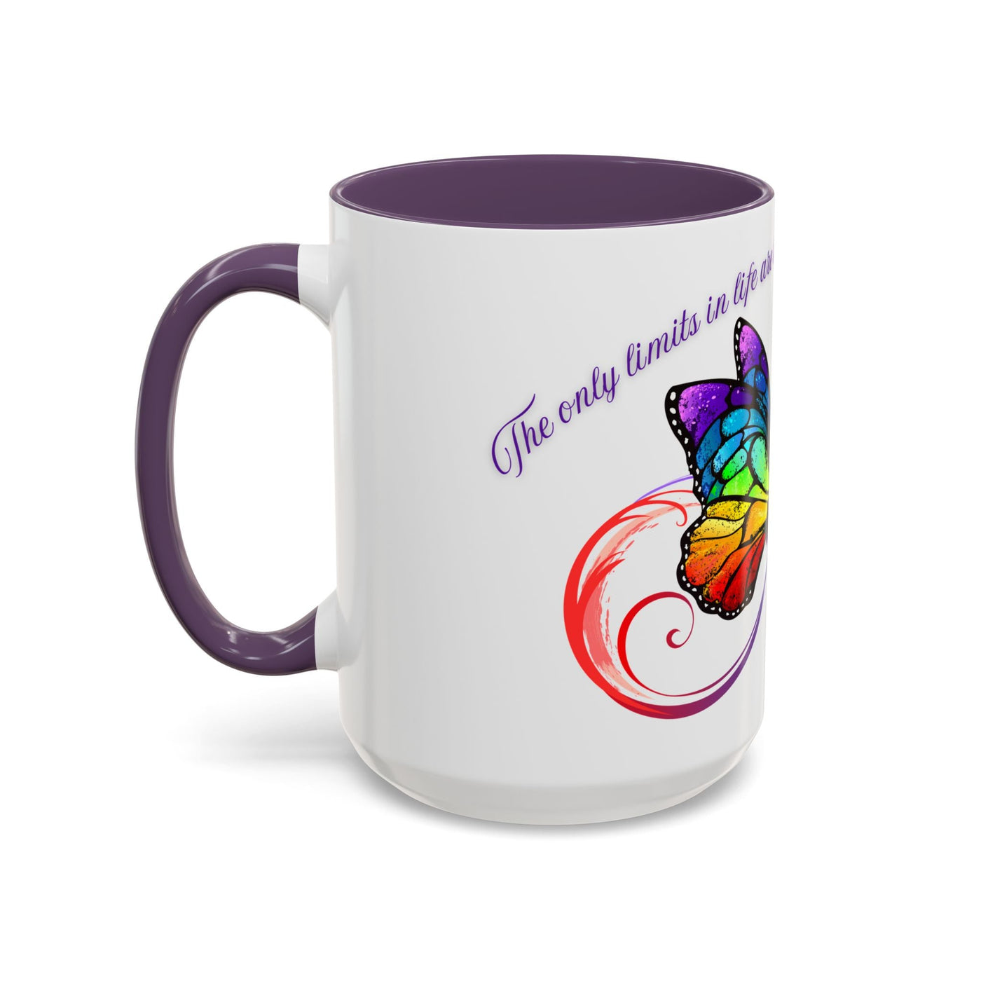 Inspirational butterfly coffee mug with embrace infinity design, colorful wings, and motivational quote on white ceramic with purple accents.