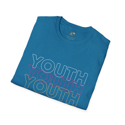 Youth Day Unisex Softstyle T-Shirt featuring the word "YOUTH" in layered colorful text on a blue crew neck cotton tee, perfect for International Youth Day celebrations.