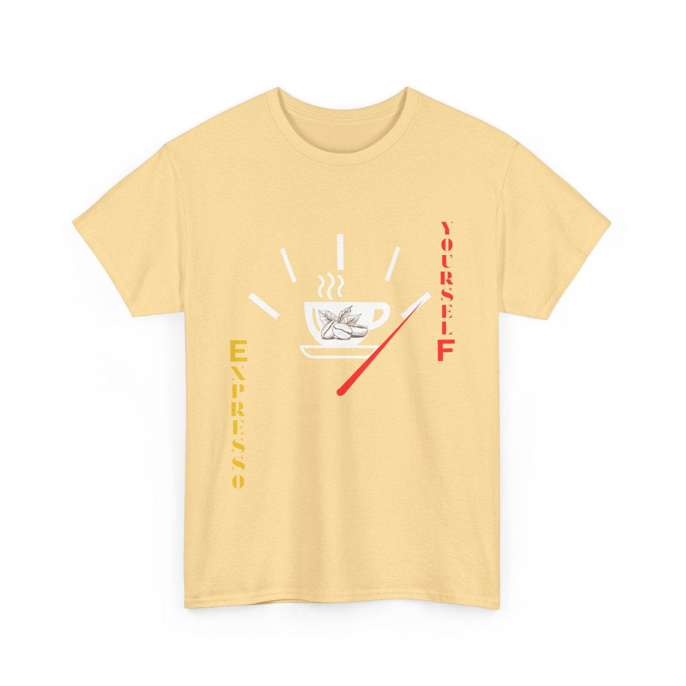 Unisex Expresso Yourself coffee T-shirt with steaming cup, fuel gauge design, and coffee bean artwork.