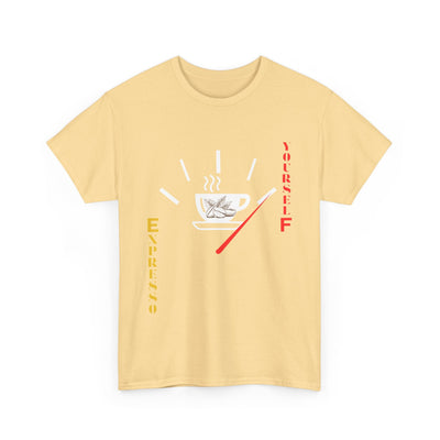 Unisex Expresso Yourself coffee T-shirt with steaming cup, fuel gauge design, and coffee bean artwork.