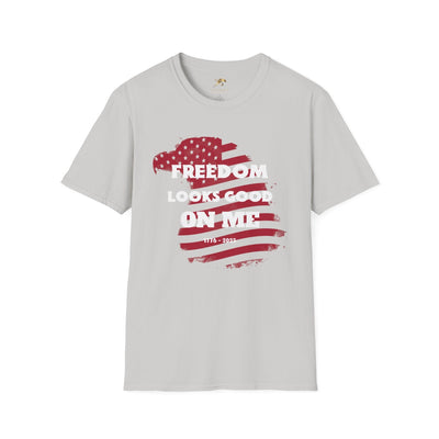 Unisex patriotic party tee with "Freedom Looks Good On Me" design for Independence Day celebrations.