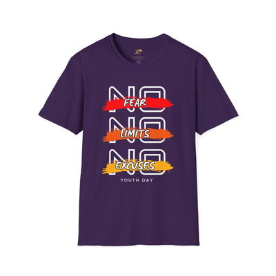 Purple unisex youth day t-shirt with No Fear No Limits No Excuses motivational graphic design