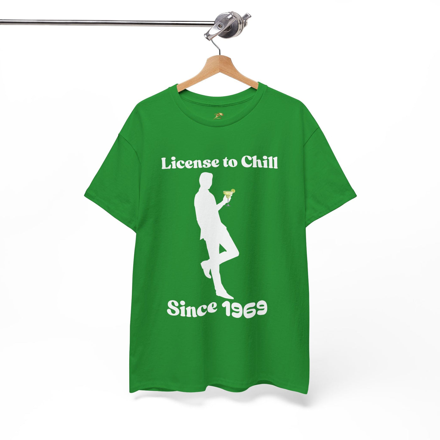 Green "License to Chill" T-shirt with customizable year, featuring a silhouette holding a margarita.