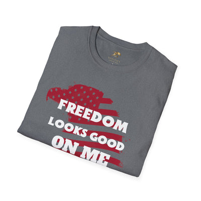 Patriotic Party Tee with "Freedom Looks Good On Me" design, unisex July 4th shirt.